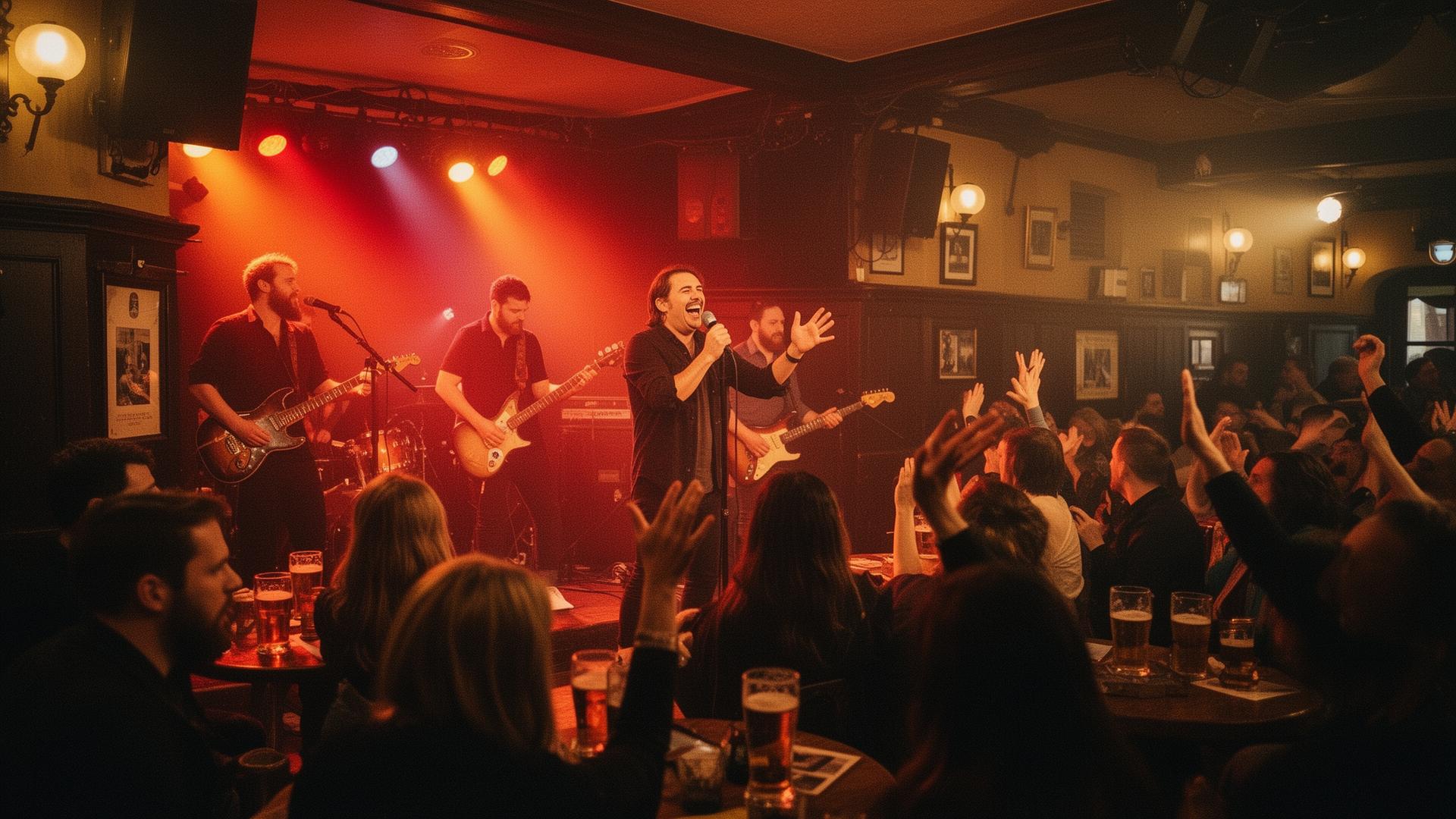 A guest singing into the mic with a live band behind them in a packed pub